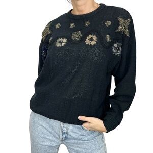 Vintage 80s 90s 100% cotton black floral embroidered applique sweater M